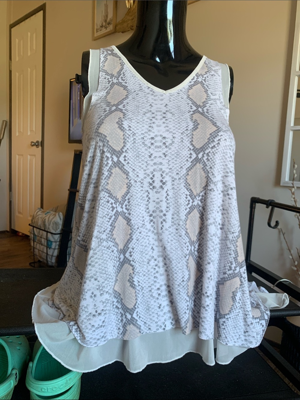 #29 Grace & Lace White and Beige Snake-Print V-Neck Layered Tank